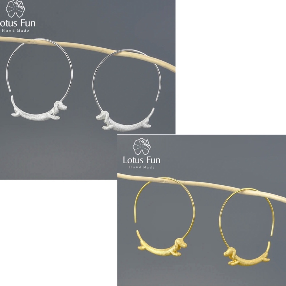 Real 925 Sterling Silver/18k Plated Gold Dachshund Dog Hoop Earrings